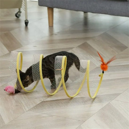 Tunnel pour chat spiralé transparent avec mesh respirant et bordures jaunes